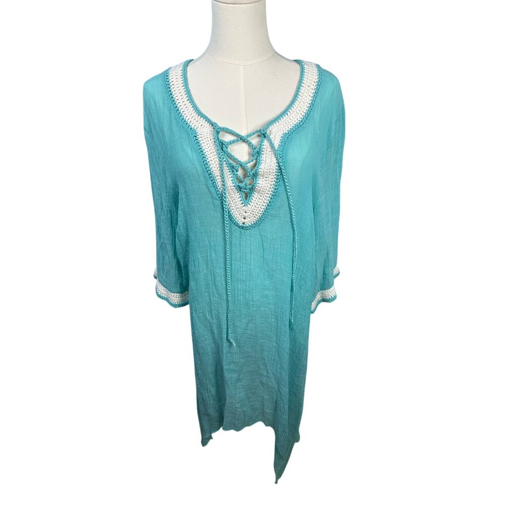Shoreline Women swim beach cover-up turquoise blue cotton crochet trim One Size